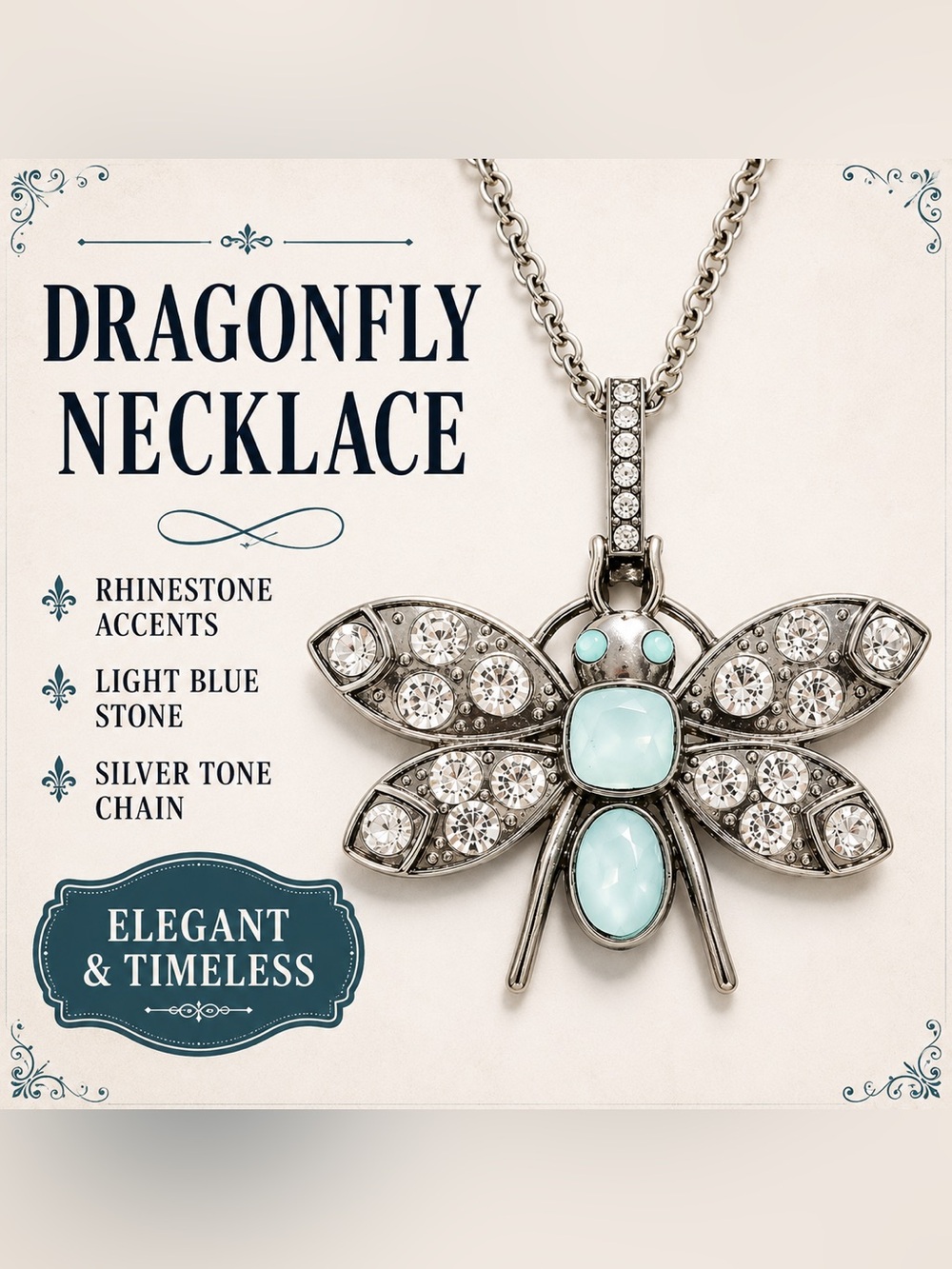 Sparkling Dragonfly Pendant Necklace Silver Tone Rhinestone Statement Piece